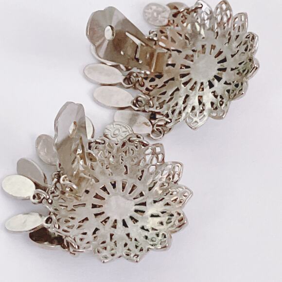 Vintage Mid Century Silver Tone Filigree Dangle Charm Tassel Clip On Earrings - Picture 7 of 12